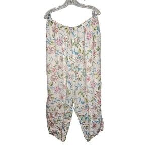 Liz & Jane 100% Linen Flood Pants OX One Size Lagenlook Boho USA Pull On Floral